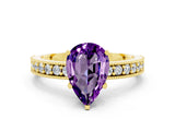 Yellow gold Pear Cut Amethyst Milgrain Pavé Engagement Ring with Four-Prong Setting