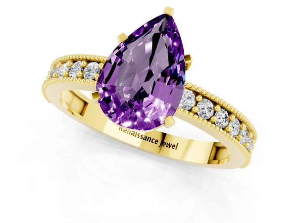 Yellow gold Pear Cut Amethyst Milgrain Pavé Engagement Ring with Four-Prong Setting