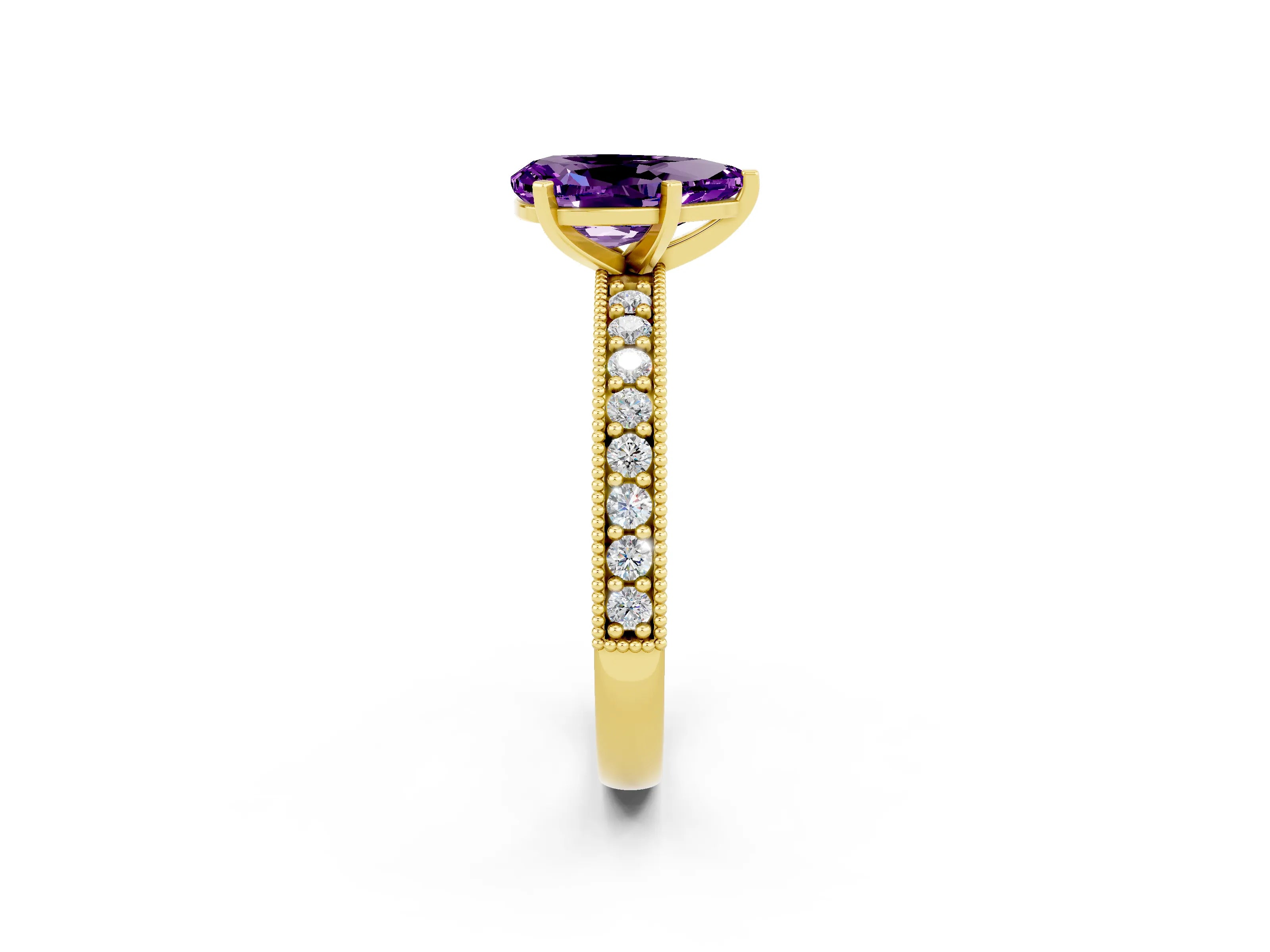 Yellow gold Pear Cut Amethyst Milgrain Pavé Engagement Ring with Four-Prong Setting_2