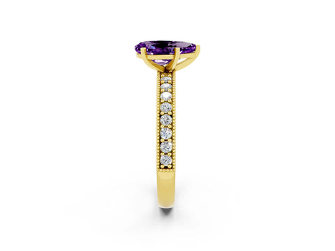 Yellow gold Pear Cut Amethyst Milgrain Pavé Engagement Ring with Four-Prong Setting_2