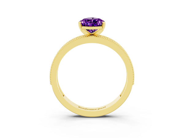 Yellow gold Pear Cut Amethyst Milgrain Pavé Engagement Ring with Four-Prong Setting