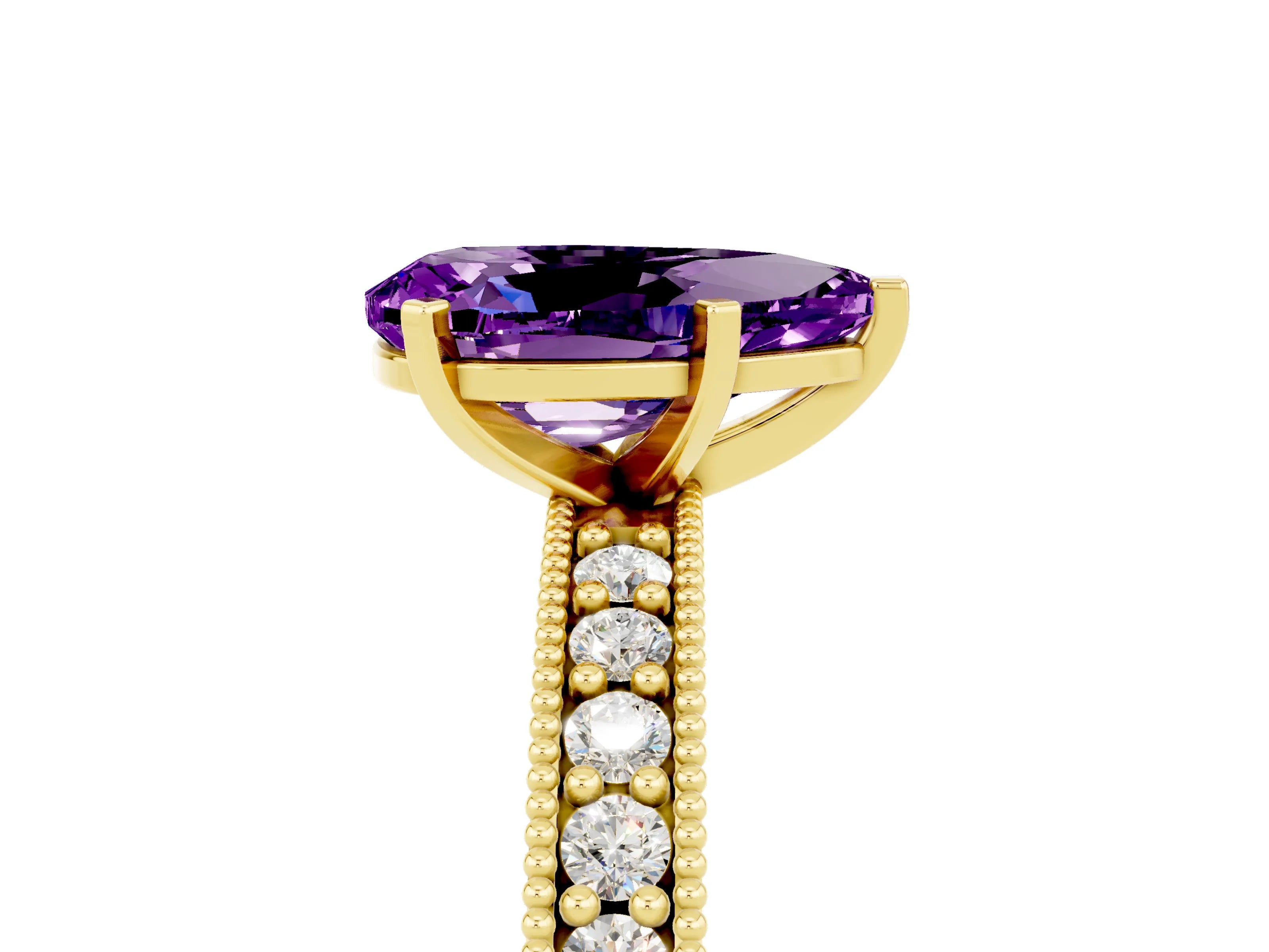 Yellow gold Pear Cut Amethyst Milgrain Pavé Engagement Ring with Four-Prong Setting_5