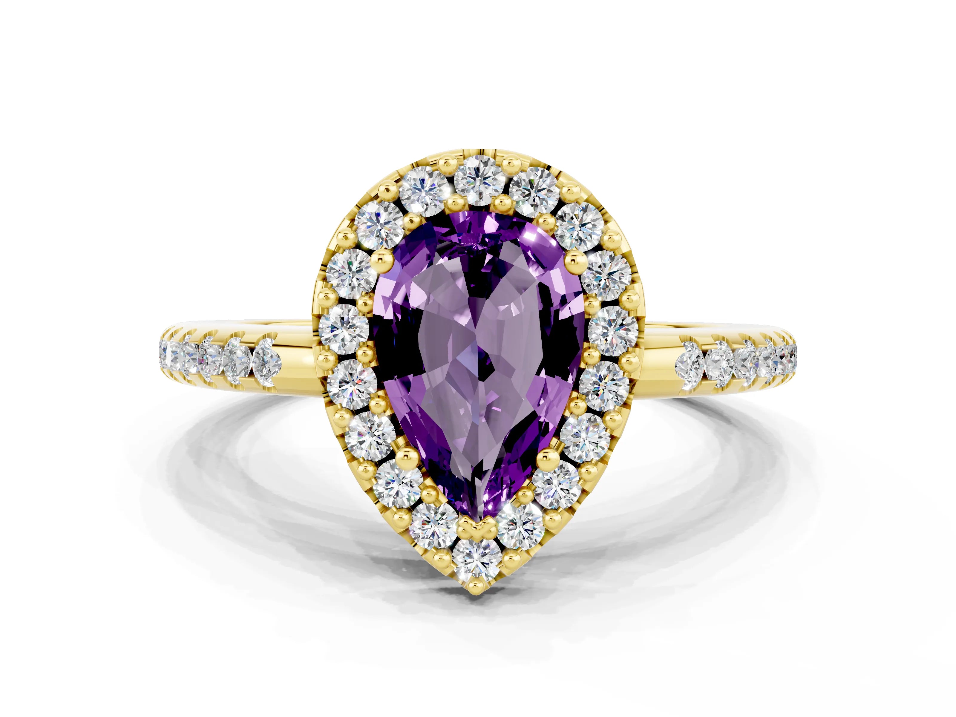 Yellow gold Pear Cut Amethyst Pavé Halo Ring with Four-Prong Setting_12