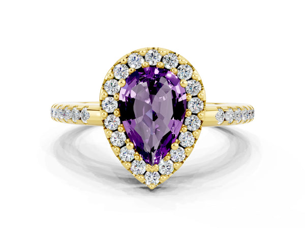 Yellow gold Pear Cut Amethyst Pavé Halo Ring with Four-Prong Setting