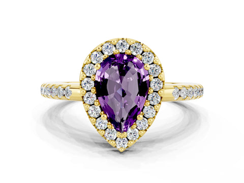 Yellow gold Pear Cut Amethyst Pavé Halo Ring with Four-Prong Setting_12