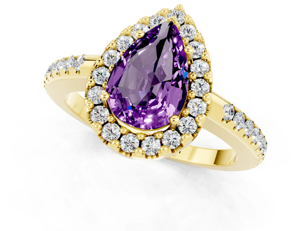 Yellow gold Pear Cut Amethyst Pavé Halo Ring with Four-Prong Setting