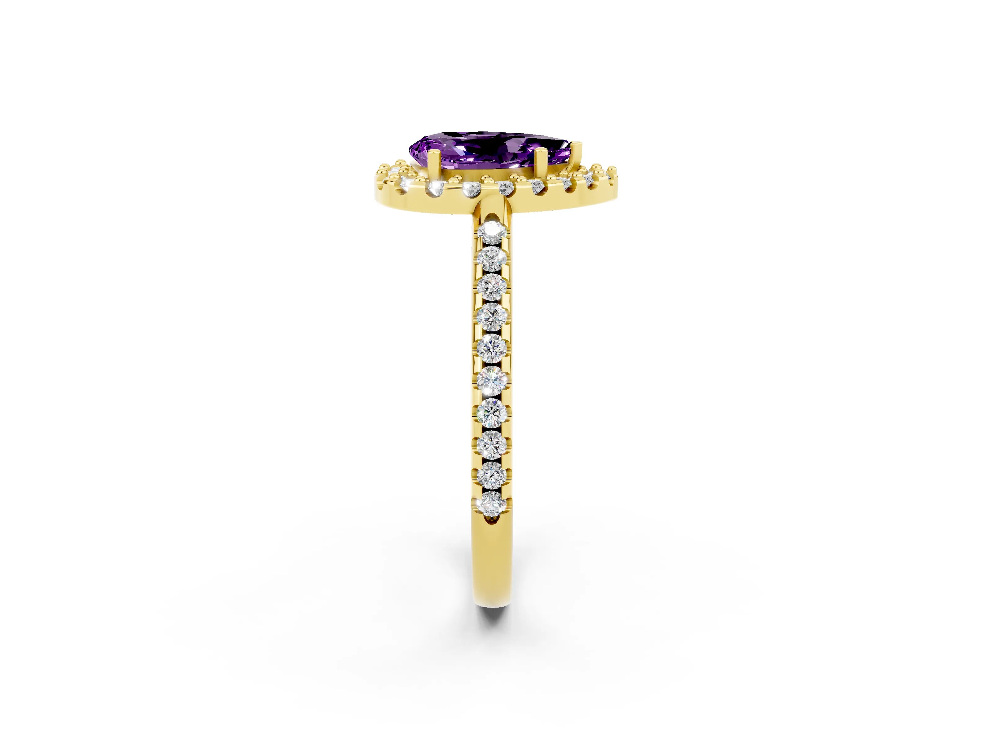 Yellow gold Pear Cut Amethyst Pavé Halo Ring with Four-Prong Setting_14
