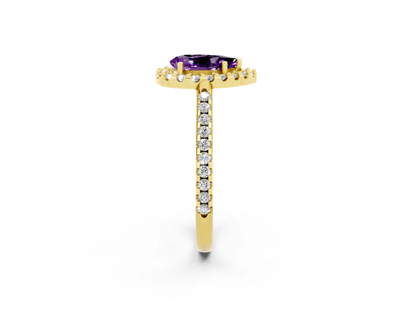 Yellow gold Pear Cut Amethyst Pavé Halo Ring with Four-Prong Setting