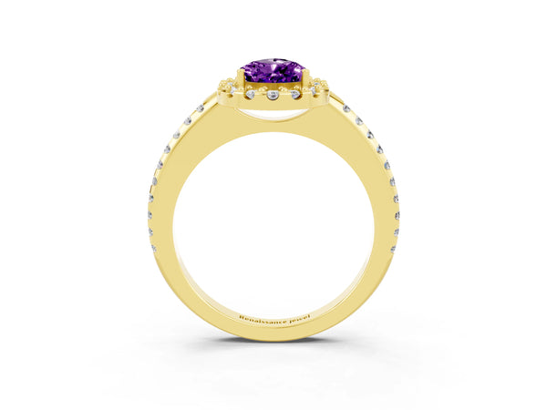 Yellow gold Pear Cut Amethyst Pavé Halo Ring with Four-Prong Setting