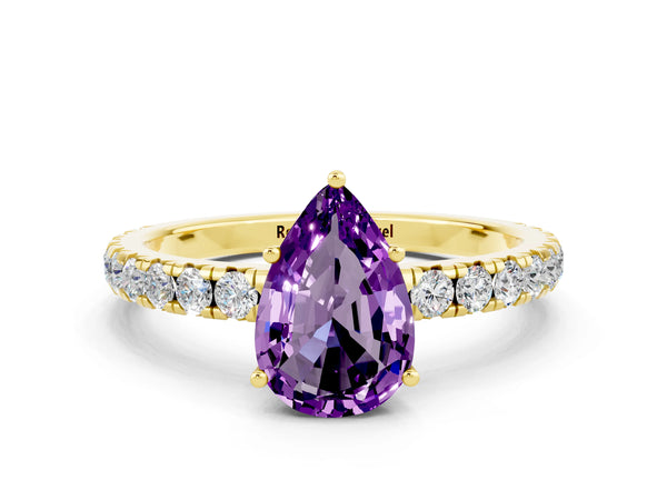 Yellow gold Pear Cut Amethyst Pavé Solitaire Engagement Ring with Four-Prong Setting