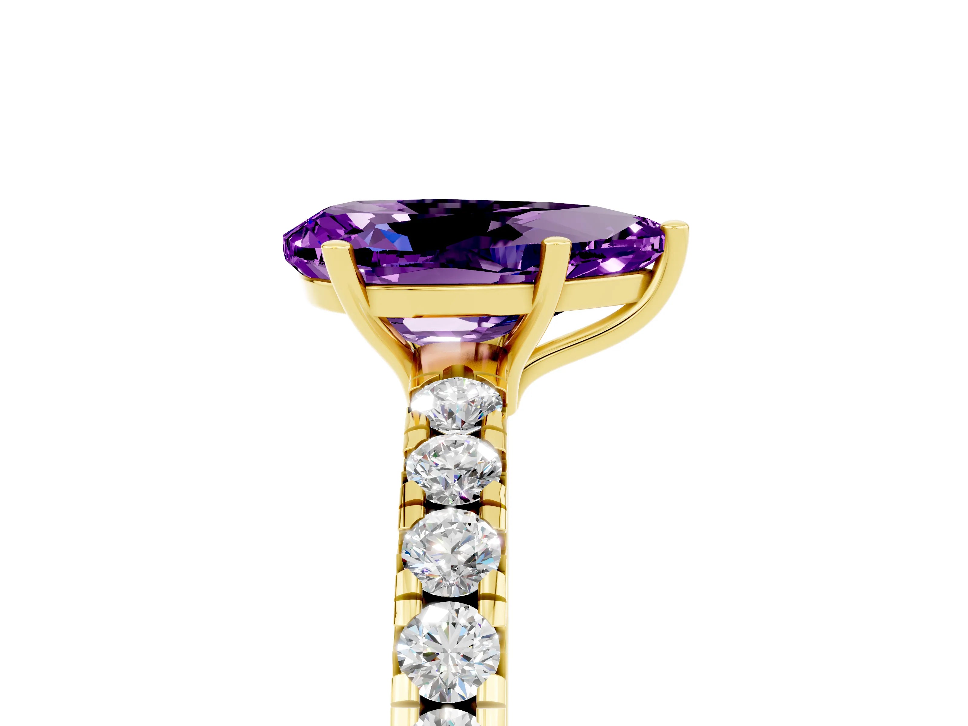 Yellow gold Pear Cut Amethyst Pavé Solitaire Engagement Ring with Four-Prong Setting_17