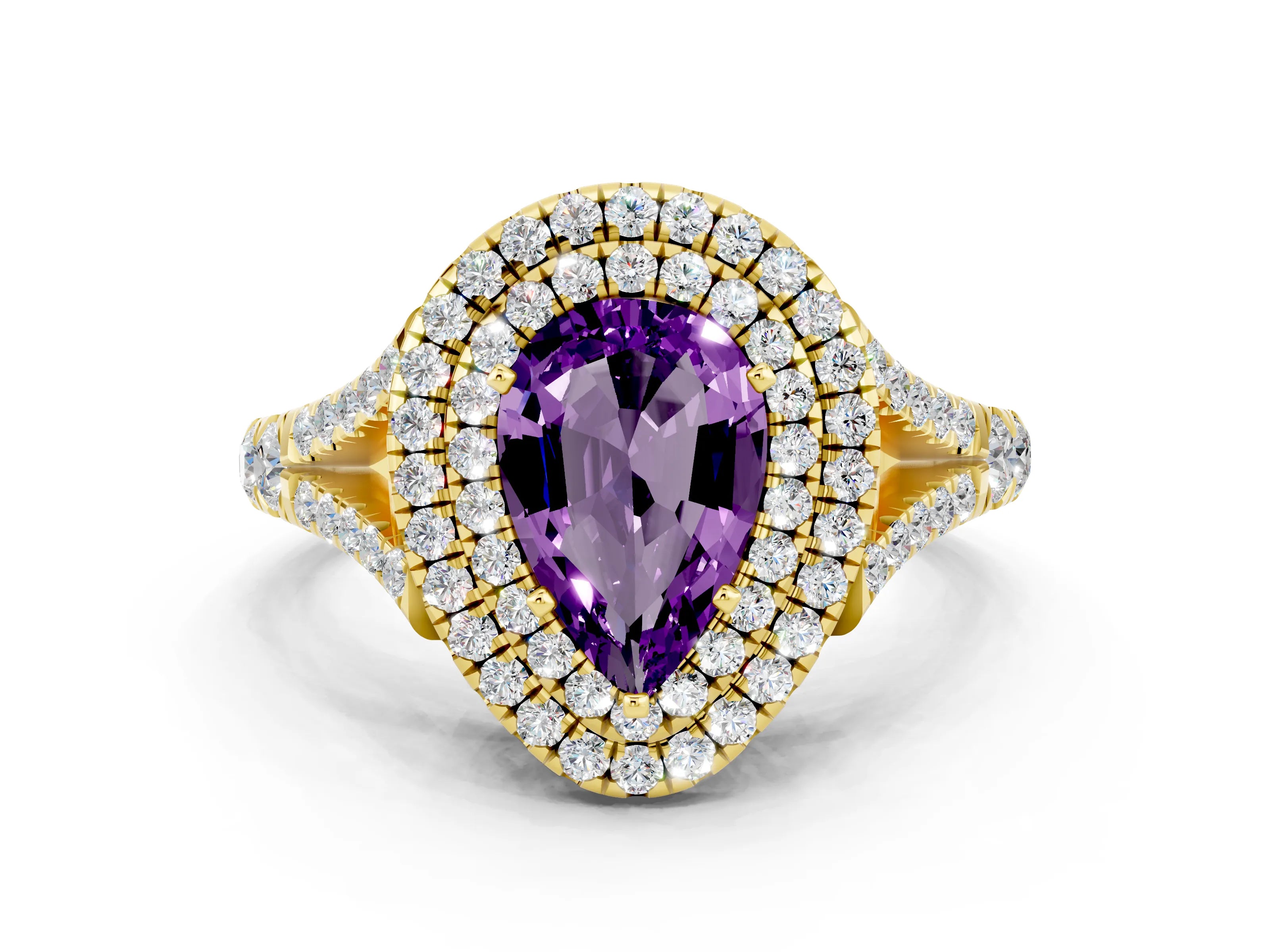Yellow gold Pear Cut Amethyst Pavé Split Shank Double Halo Engagement Ring