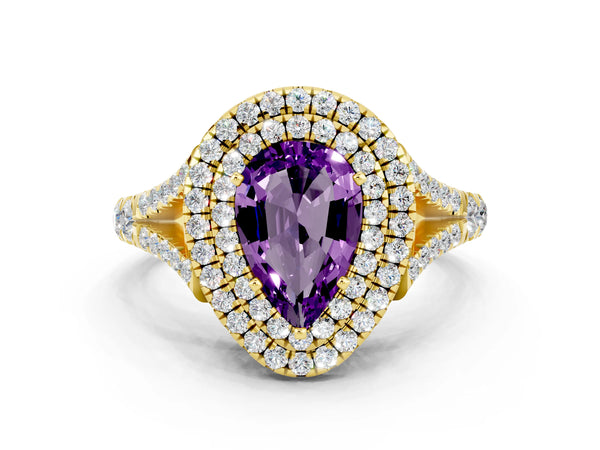 Yellow gold Pear Cut Amethyst Pavé Split Shank Double Halo Engagement Ring