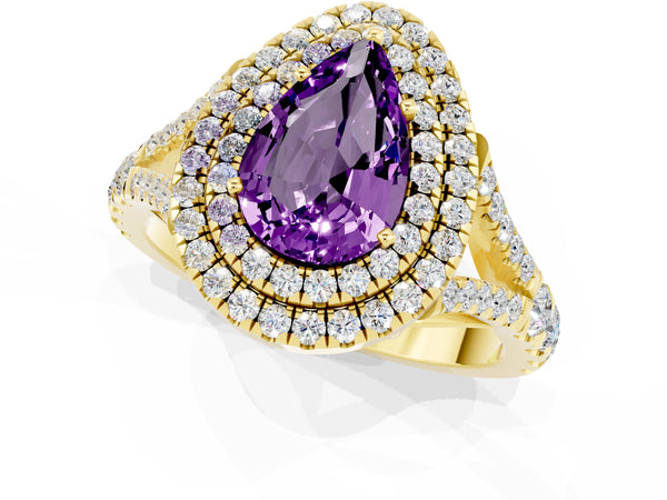 Yellow gold Pear Cut Amethyst Pavé Split Shank Double Halo Engagement Ring
