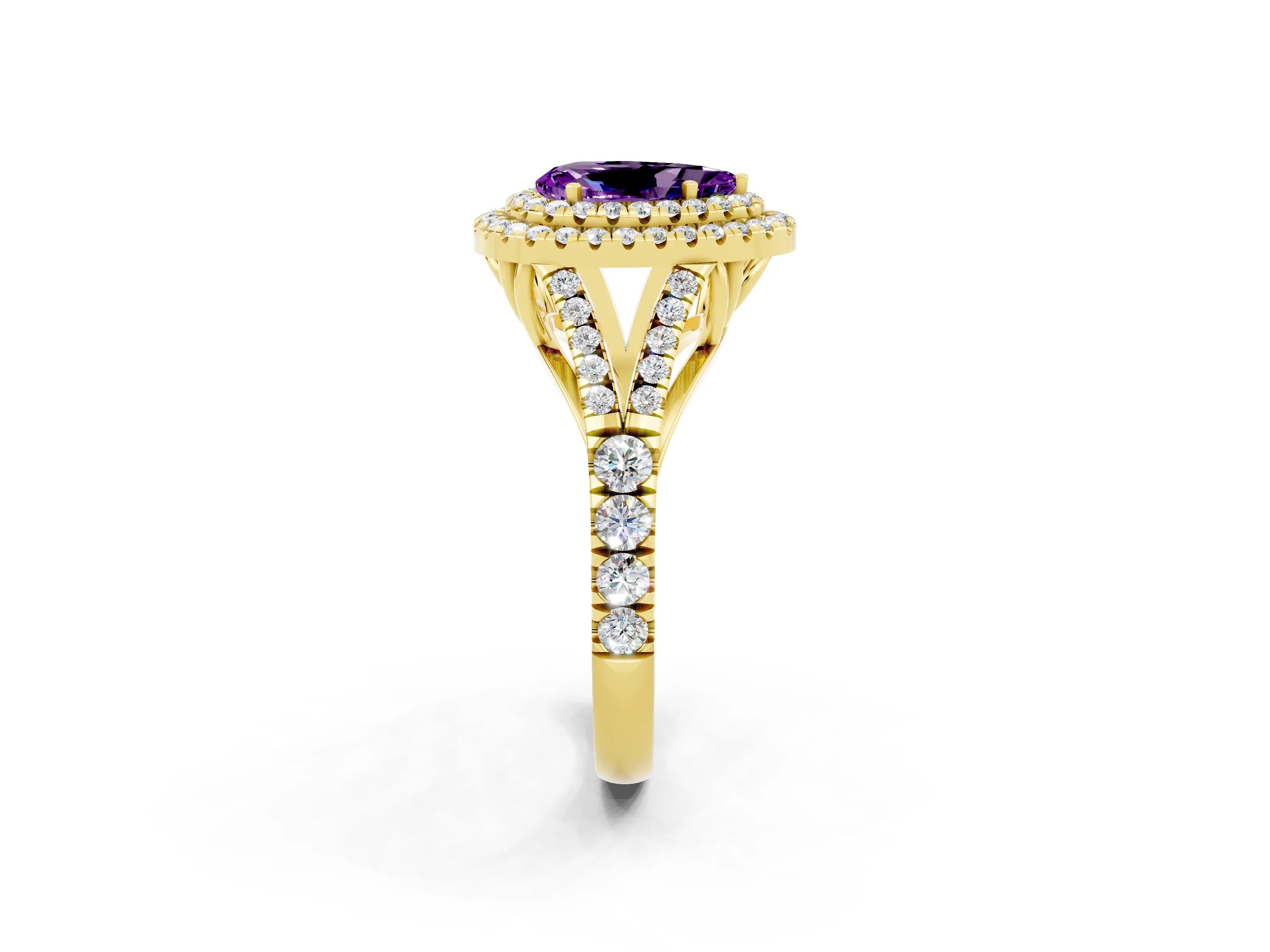 Yellow gold Pear Cut Amethyst Pavé Split Shank Double Halo Engagement Ring_2