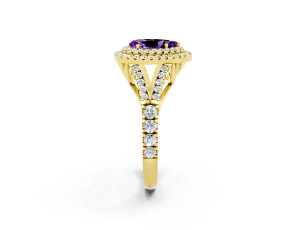 Yellow gold Pear Cut Amethyst Pavé Split Shank Double Halo Engagement Ring