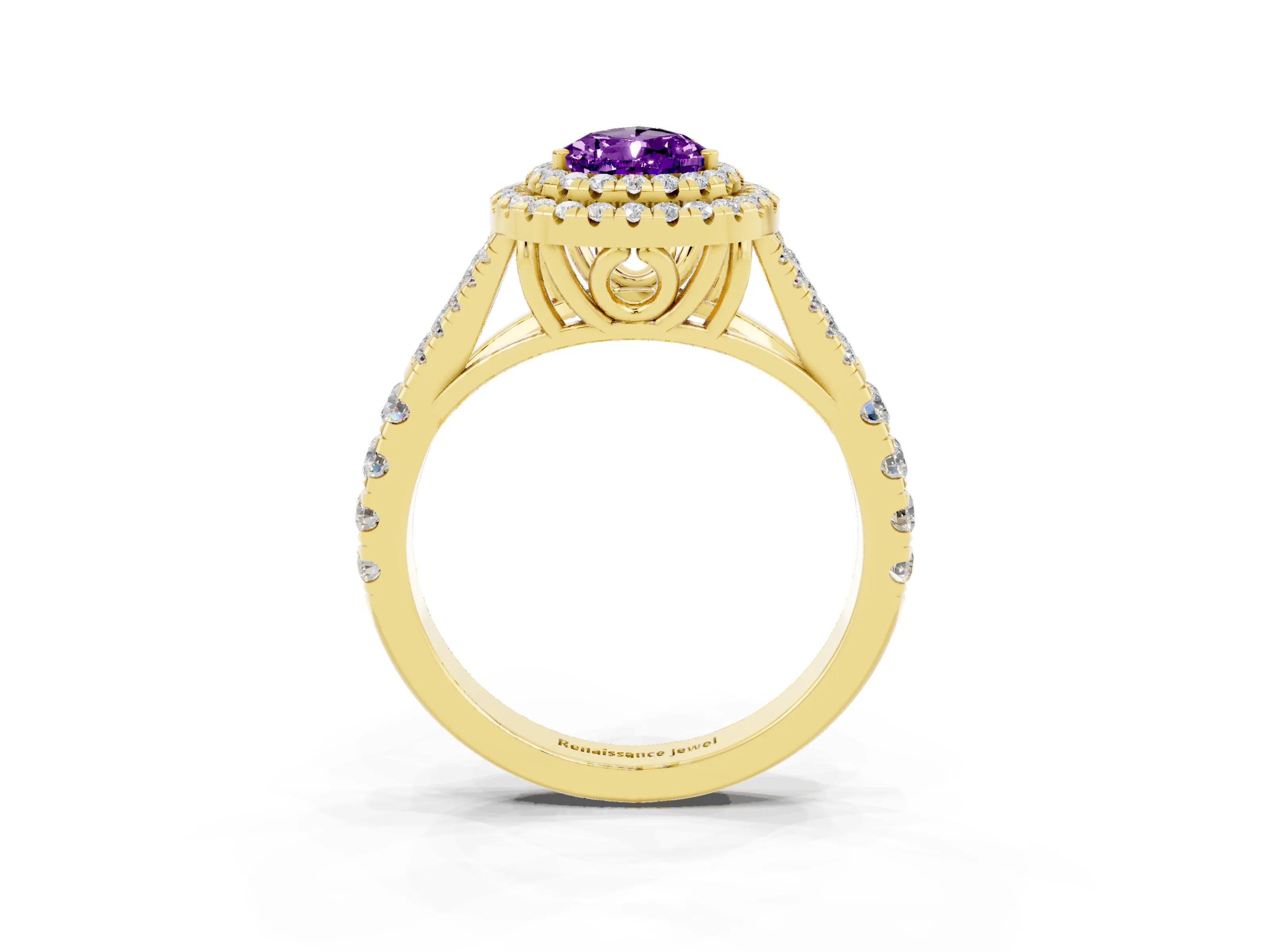 Yellow gold Pear Cut Amethyst Pavé Split Shank Double Halo Engagement Ring_3