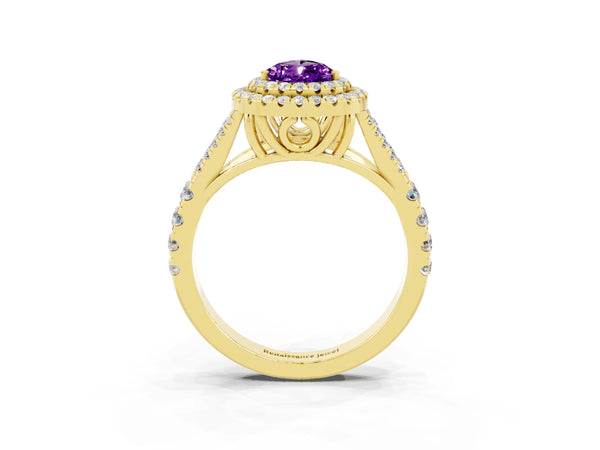 Yellow gold Pear Cut Amethyst Pavé Split Shank Double Halo Engagement Ring