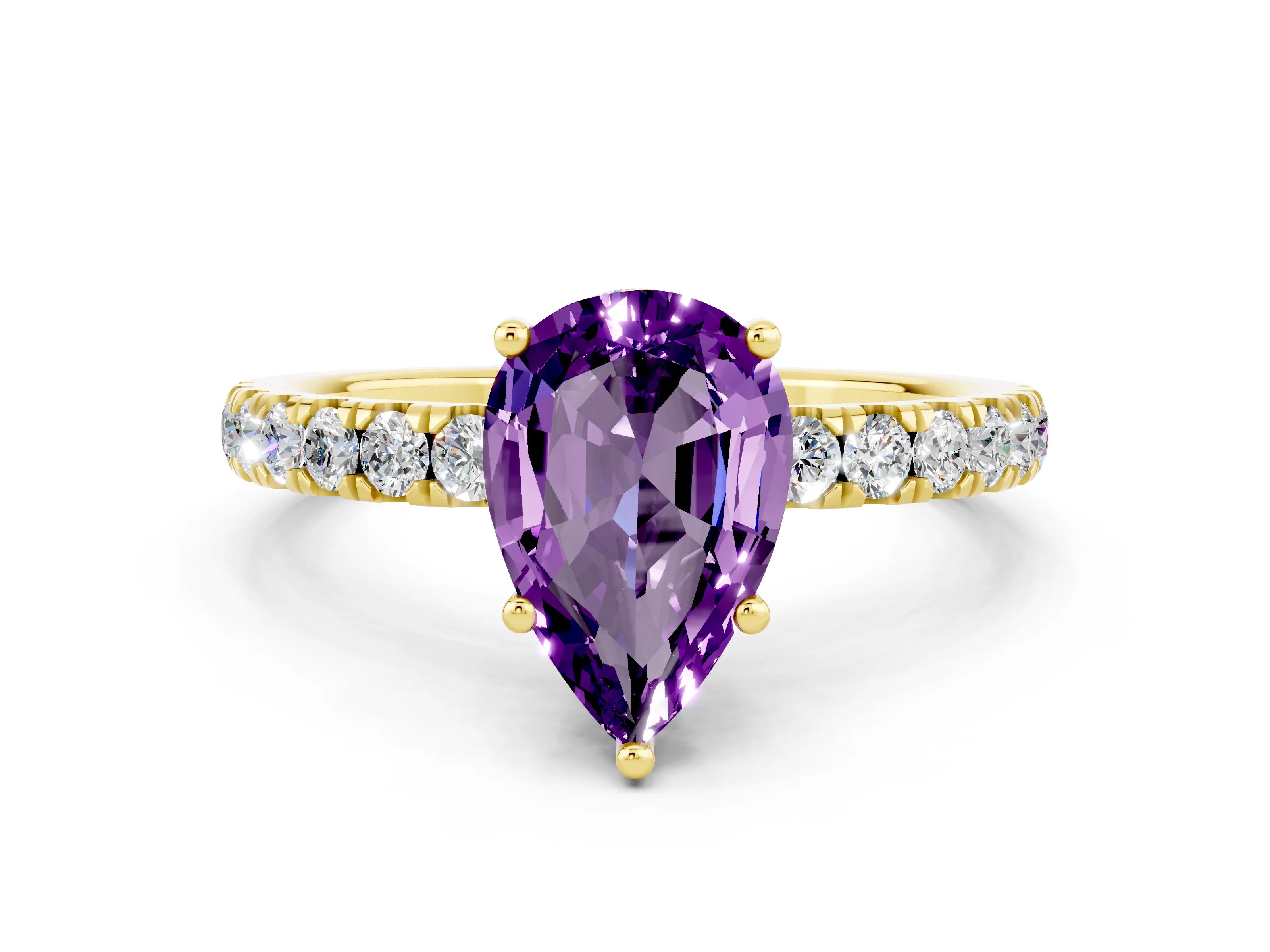 Yellow gold Pear Cut Amethyst Pave Band Solitaire Ring with Four-Prong Setting_24