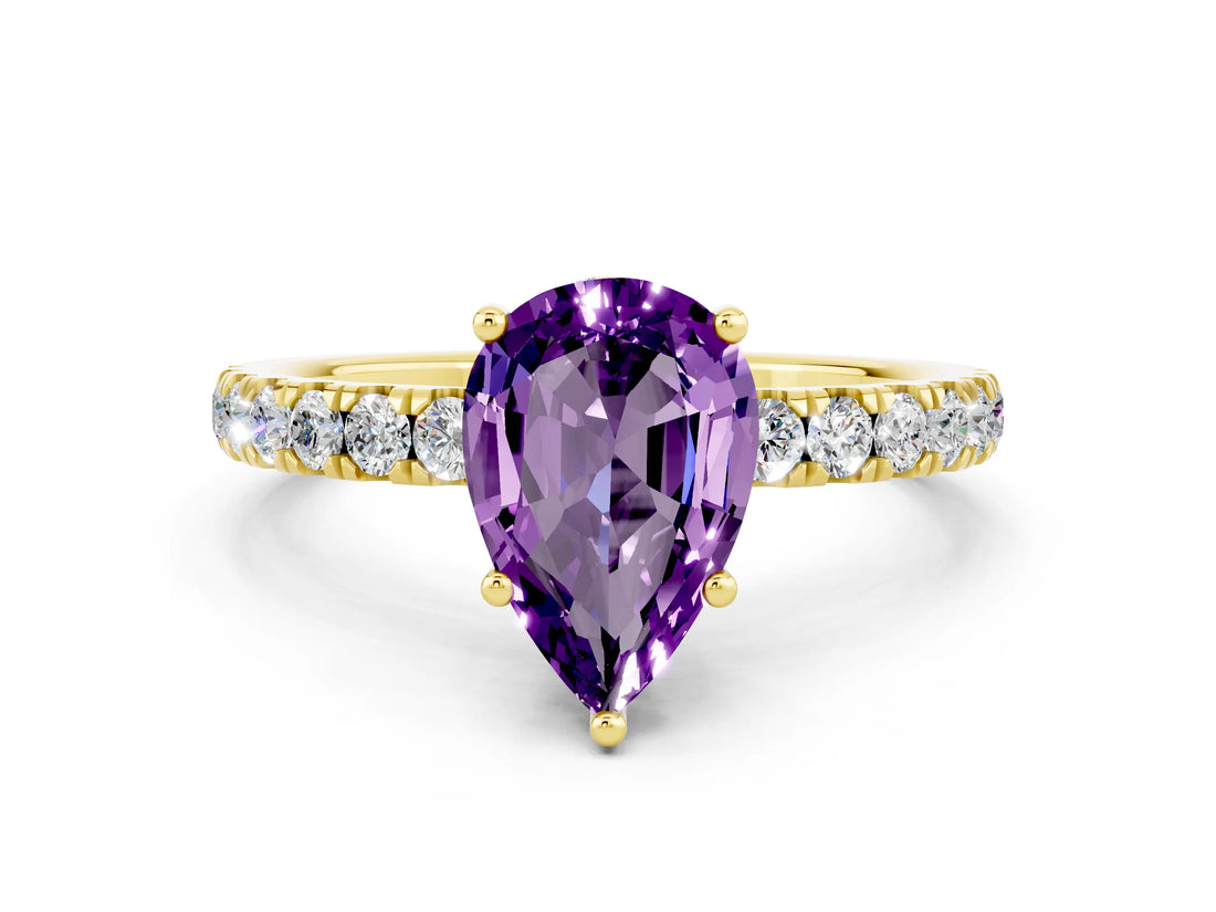 Yellow gold Pear Cut Amethyst Pave Band Solitaire Ring with Four-Prong Setting_24