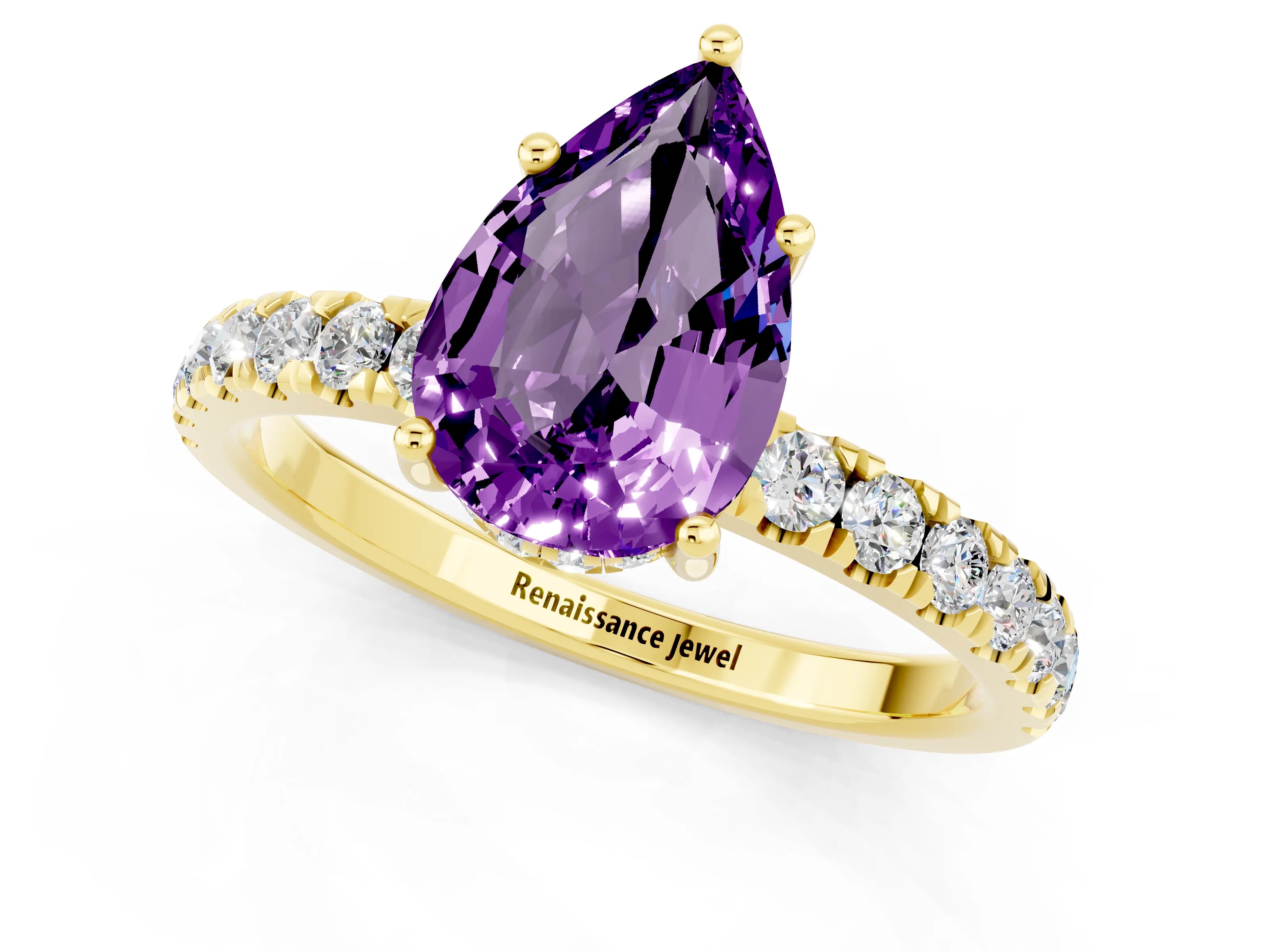 Yellow gold Pear Cut Amethyst Pave Band Solitaire Ring with Four-Prong Setting_25