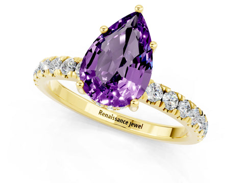 Yellow gold Pear Cut Amethyst Pave Band Solitaire Ring with Four-Prong Setting_25