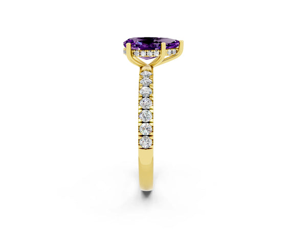 Yellow gold Pear Cut Amethyst Pave Band Solitaire Ring with Round  and Prong Setting