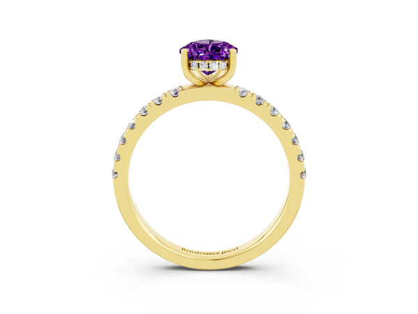 Yellow gold Pear Cut Amethyst Pave Band Solitaire Ring with Round  and Prong Setting