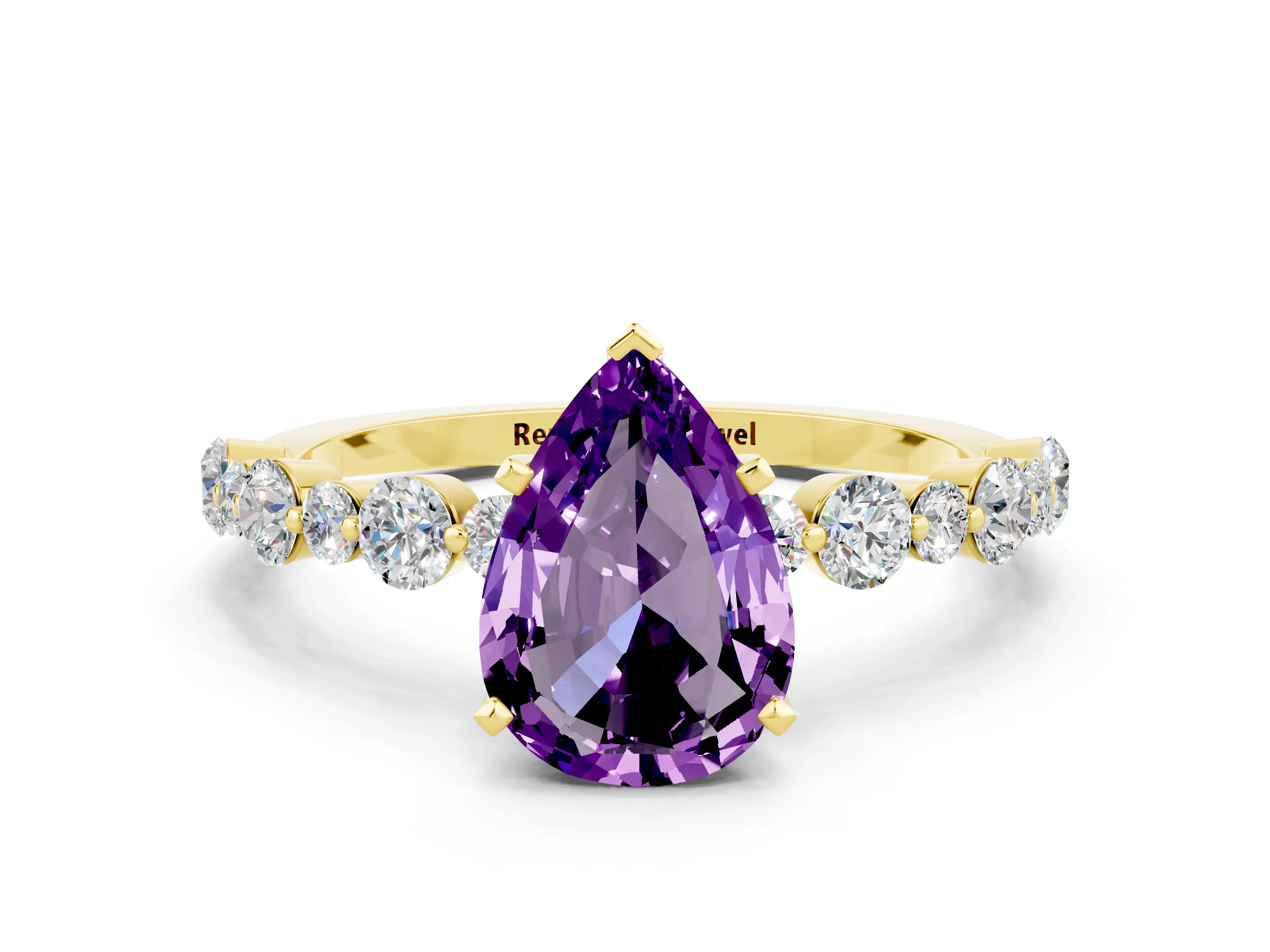 Yellow gold Pear Cut Amethyst Prong Set Engagement Ring with Pavé Band