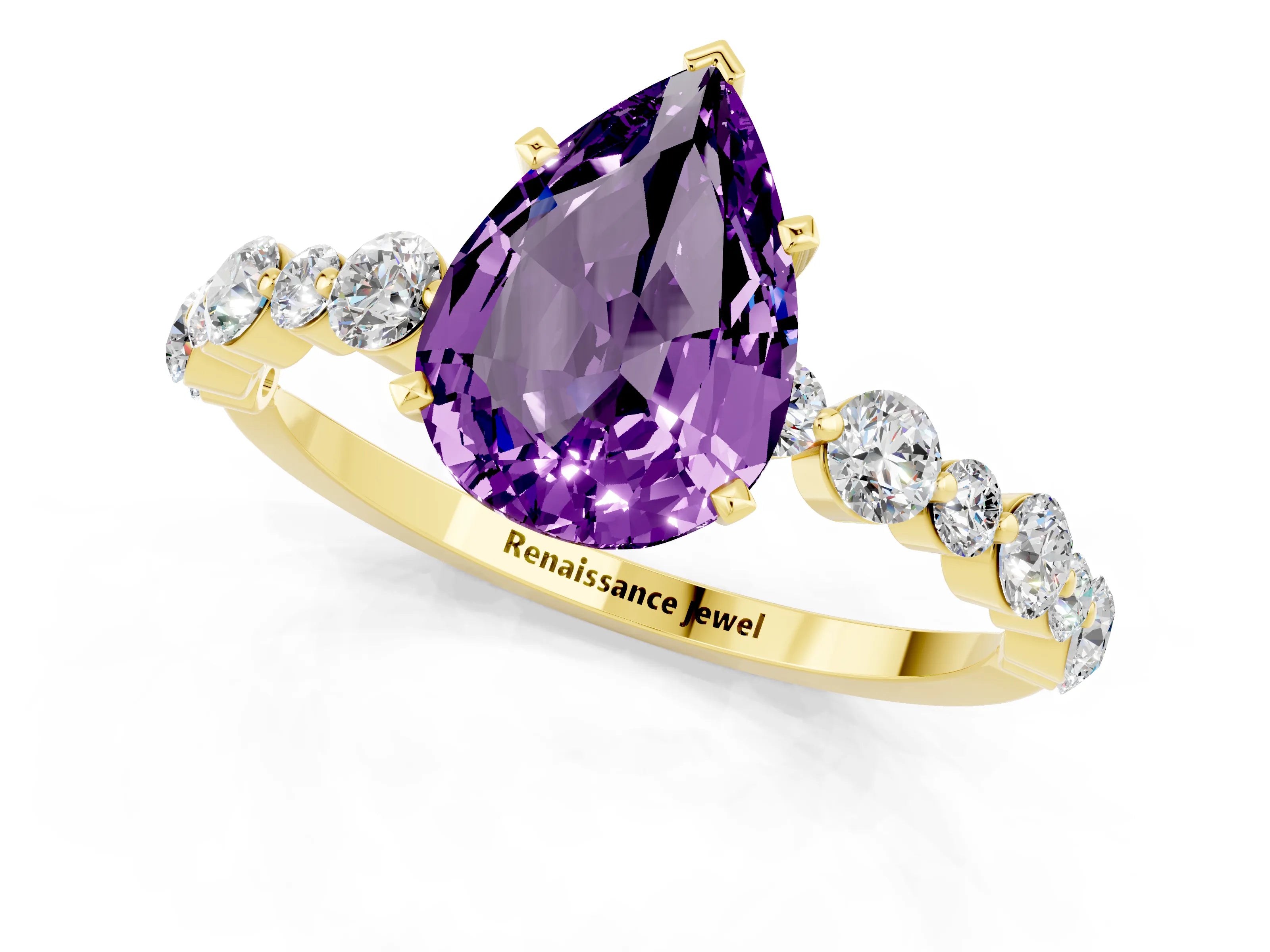 Yellow gold Pear Cut Amethyst Prong Set Engagement Ring with Pavé Band_1