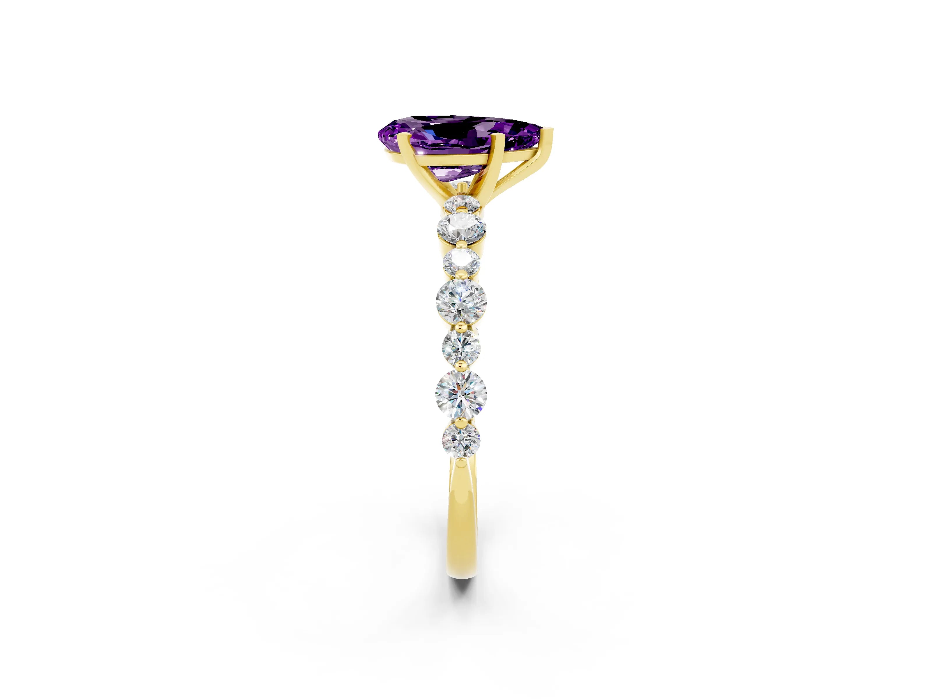 Yellow gold Pear Cut Amethyst Prong Set Engagement Ring with Pavé Band_2