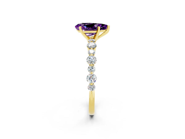 Yellow gold Pear Cut Amethyst Prong Set Engagement Ring with Pavé Band