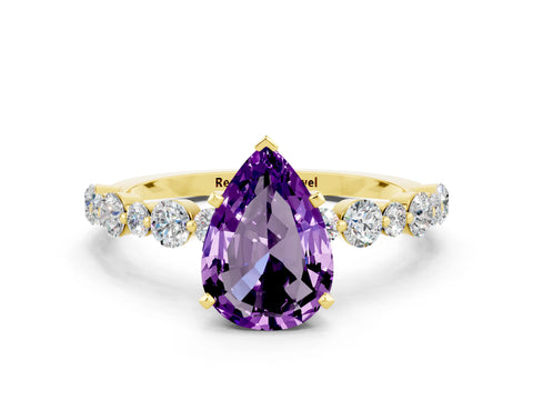 Yellow gold Pear Cut Amethyst Prong Set Engagement Ring with Pavé Band