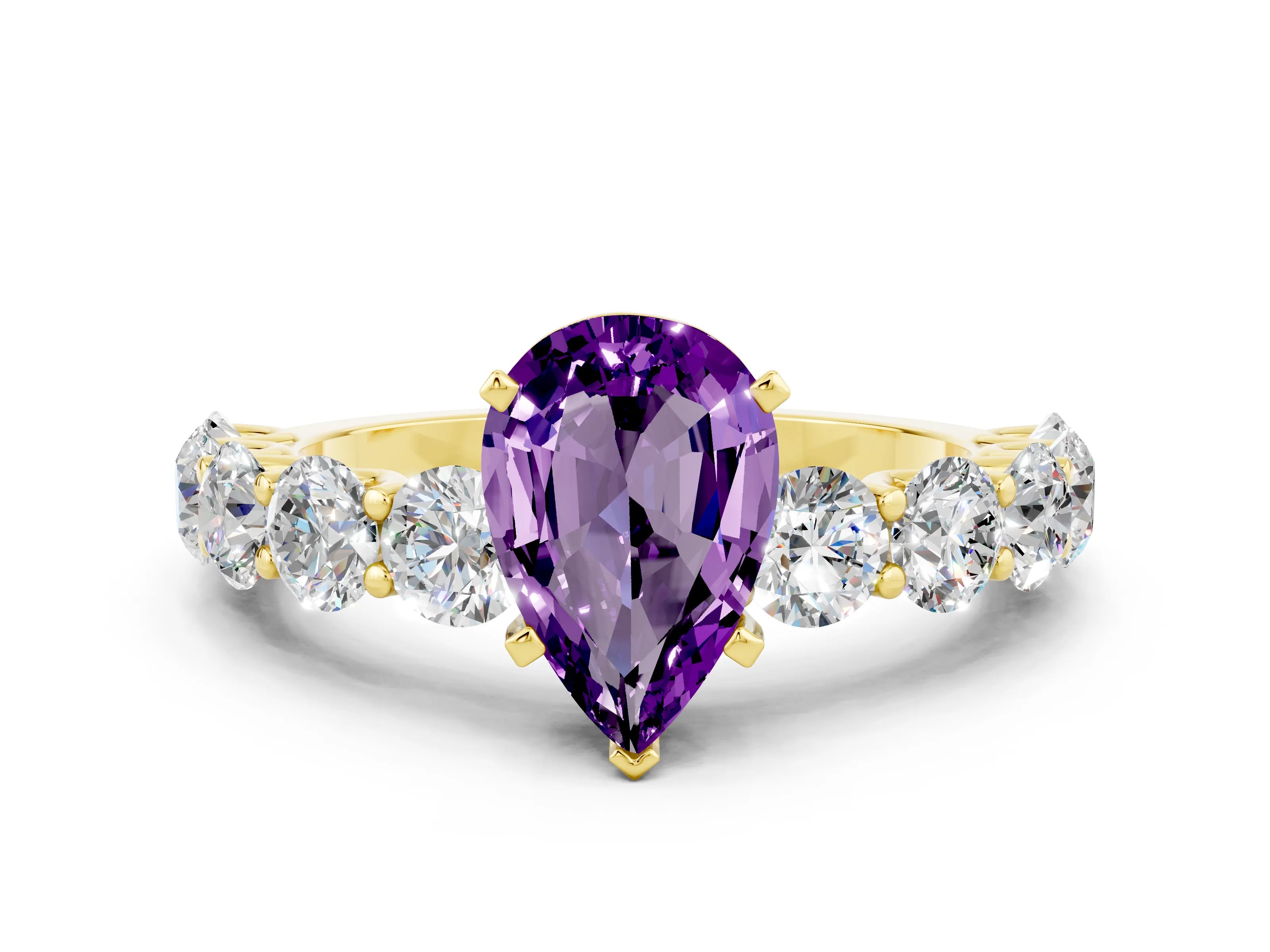 Yellow gold Pear Cut Amethyst Prong Setting with Side Stones on a Pave Band