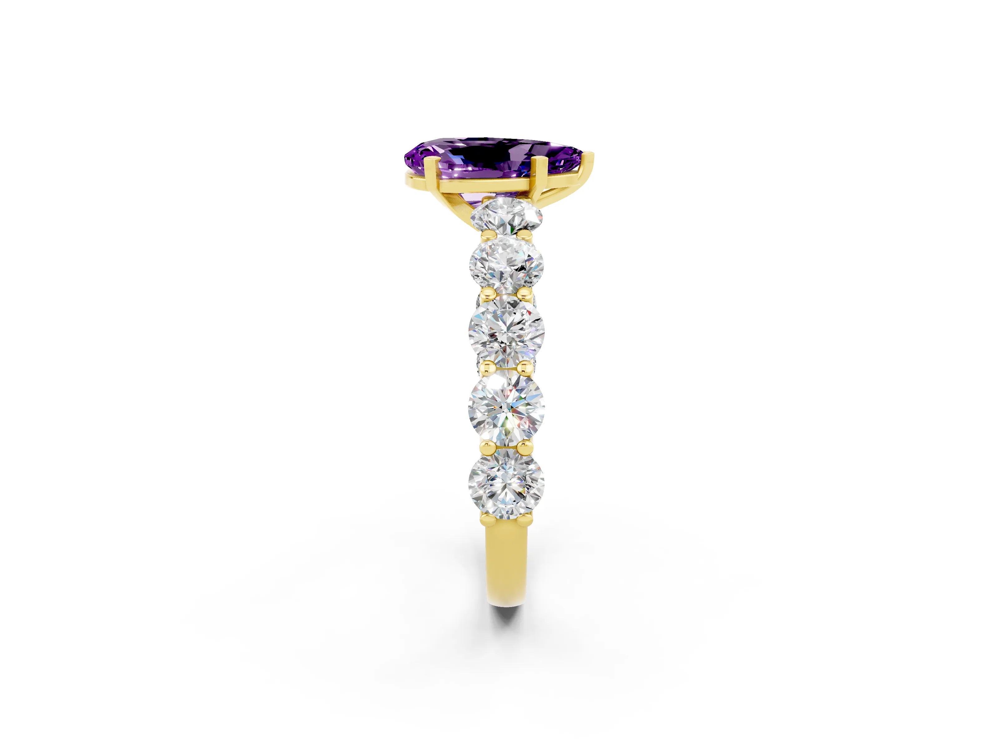 Yellow gold Pear Cut Amethyst Prong Setting with Side Stones on a Pave Band_2