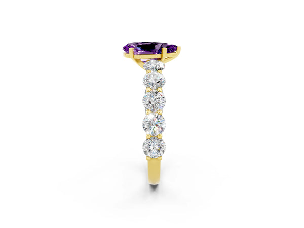 Yellow gold Pear Cut Amethyst Prong Setting with Side Stones on a Pave Band