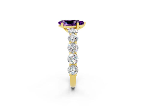 Yellow gold Pear Cut Amethyst Prong Setting with Side Stones on a Pave Band_2