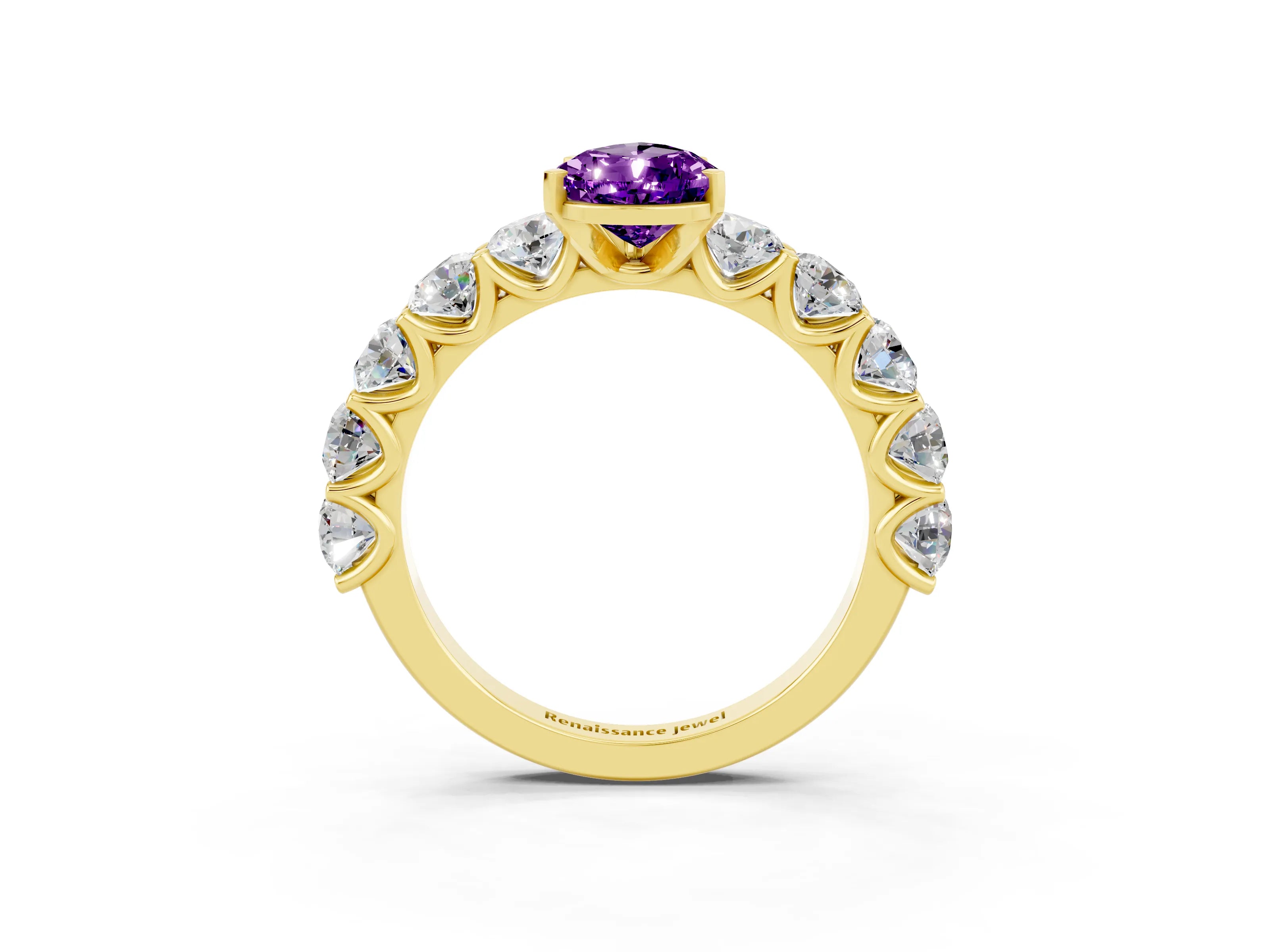 Yellow gold Pear Cut Amethyst Prong Setting with Side Stones on a Pave Band_3