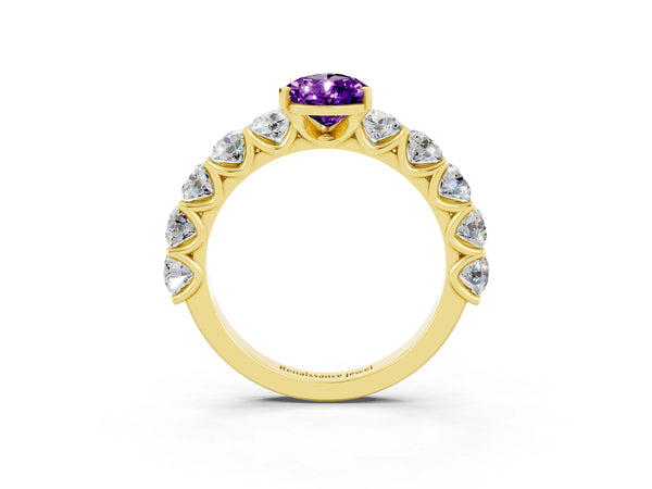 Yellow gold Pear Cut Amethyst Prong Setting with Side Stones on a Pave Band
