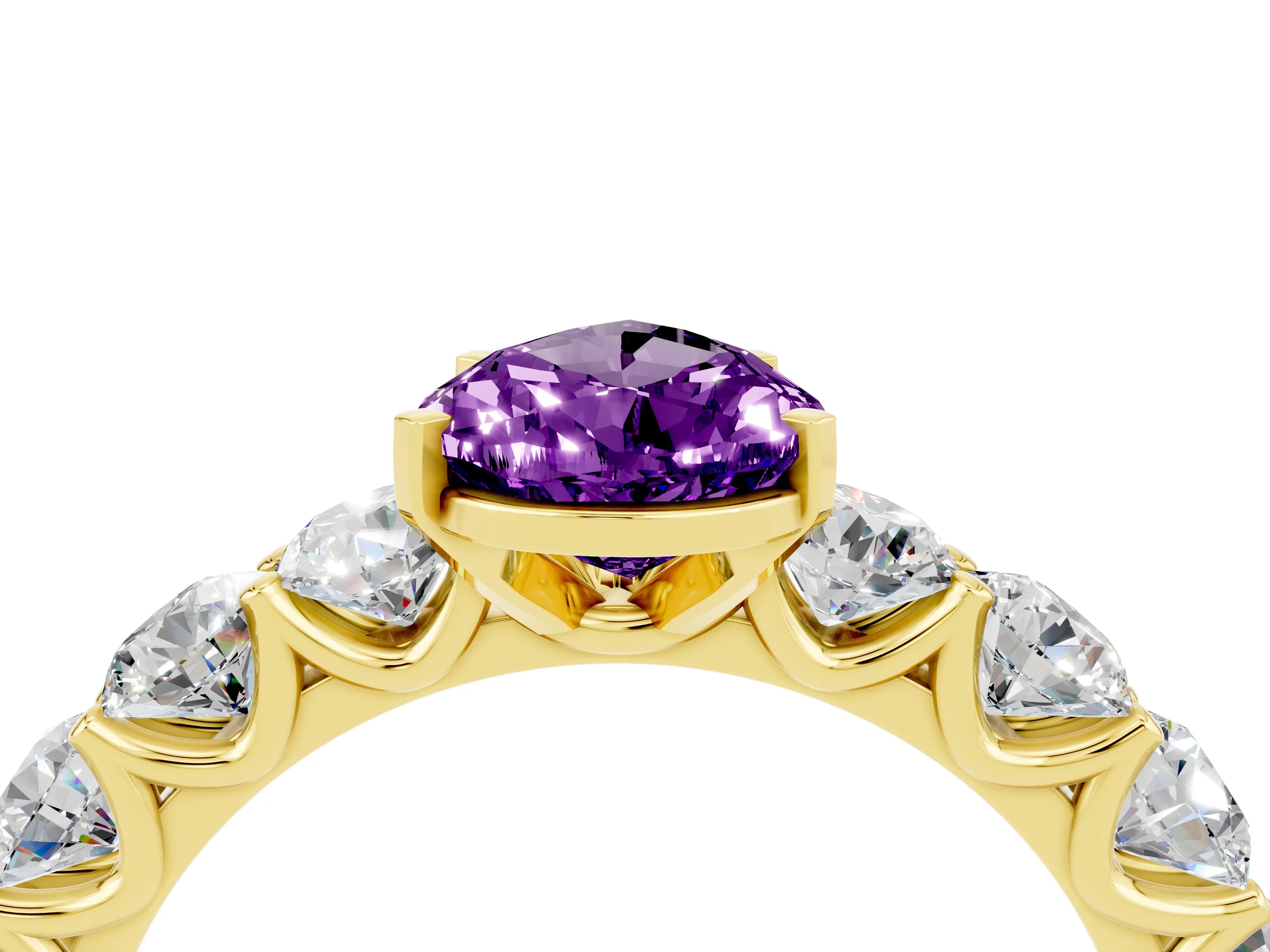 Yellow gold Pear Cut Amethyst Prong Setting with Side Stones on a Pave Band_4