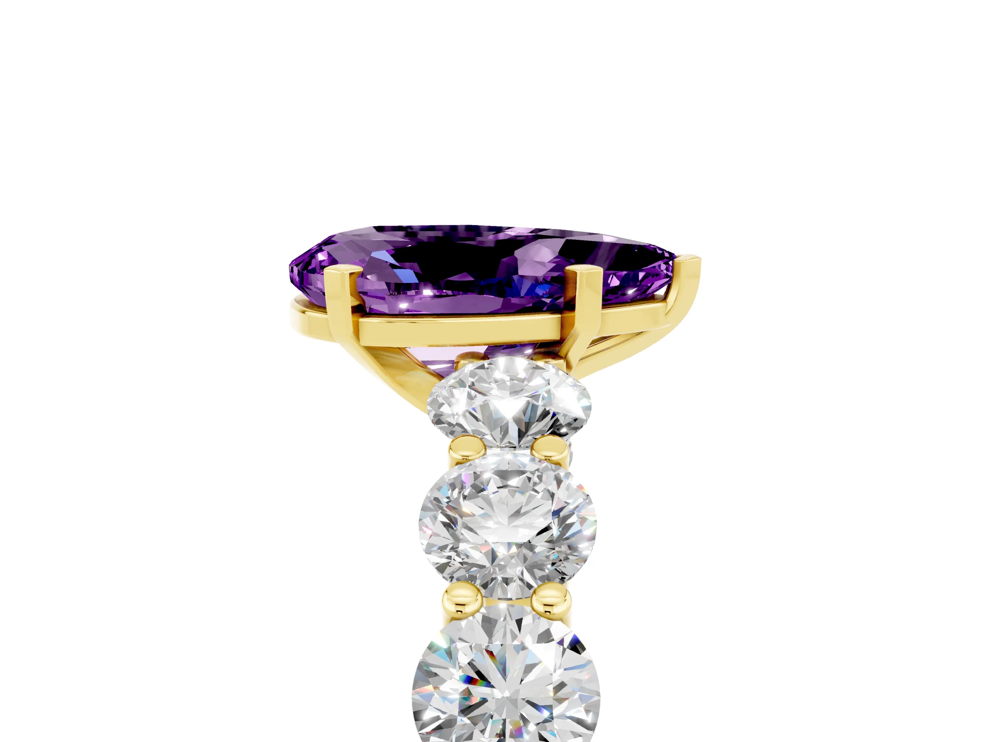 Yellow gold Pear Cut Amethyst Prong Setting with Side Stones on a Pave Band_5