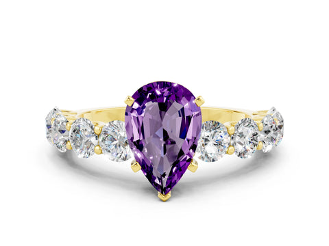 Yellow gold Pear Cut Amethyst Prong Setting with Side Stones on a Pave Band