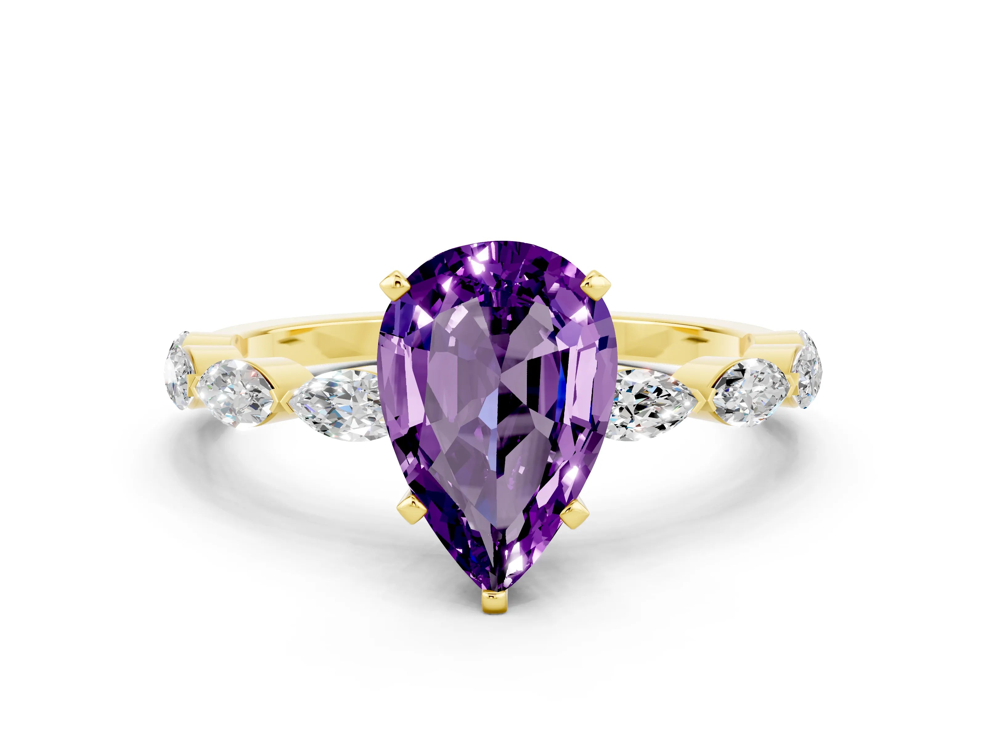 Yellow gold Pear Cut Amethyst Ring with Marquise Side Stones and Prong Setting