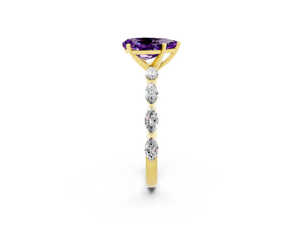 Yellow gold Pear Cut Amethyst Ring with Marquise Side Stones and Prong Setting