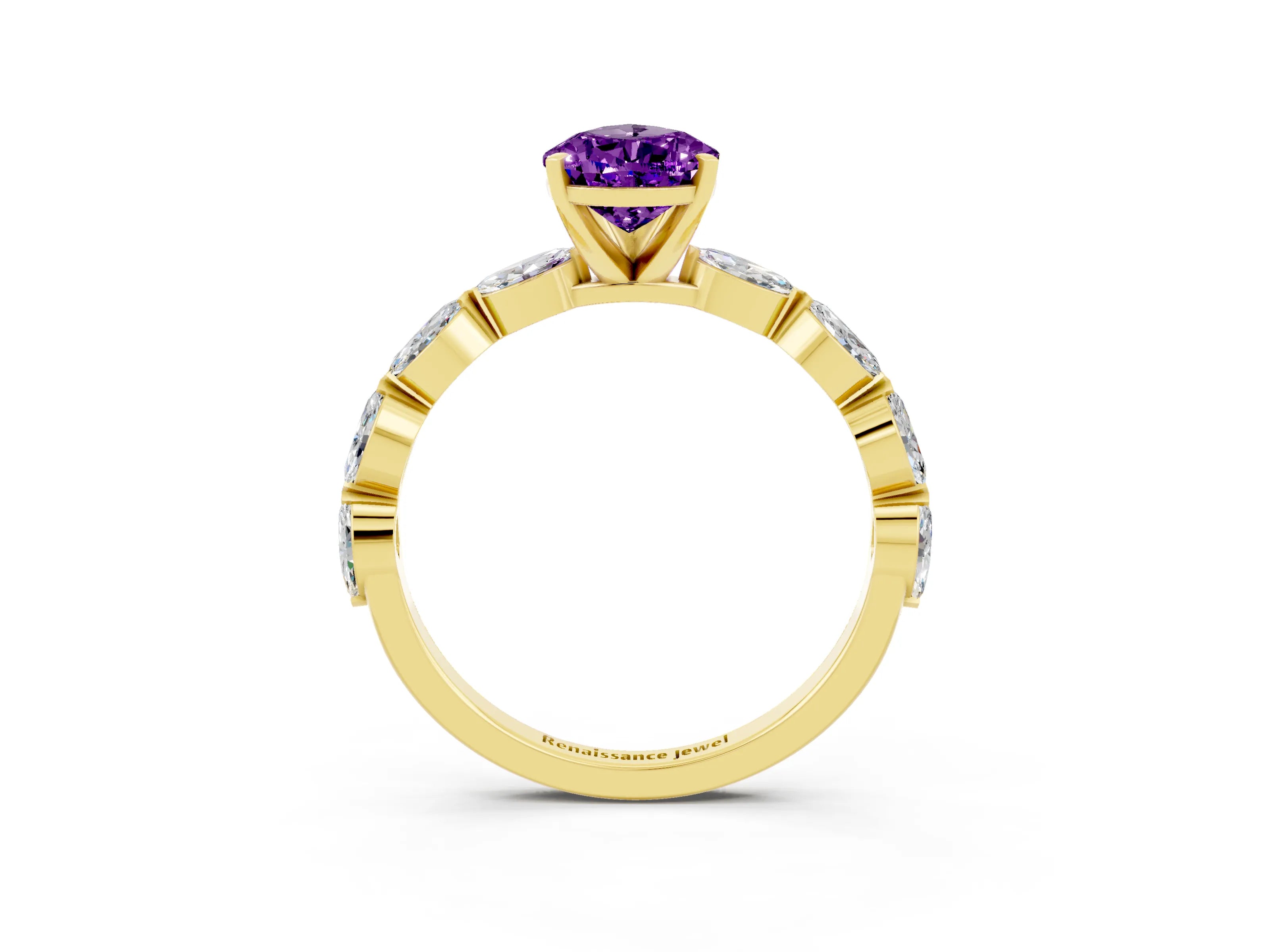 Yellow gold Pear Cut Amethyst Ring with Marquise Side Stones and Prong Setting_3
