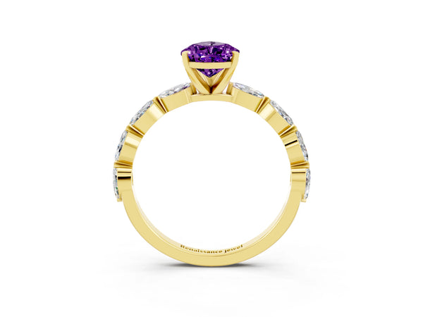 Yellow gold Pear Cut Amethyst Ring with Marquise Side Stones and Prong Setting