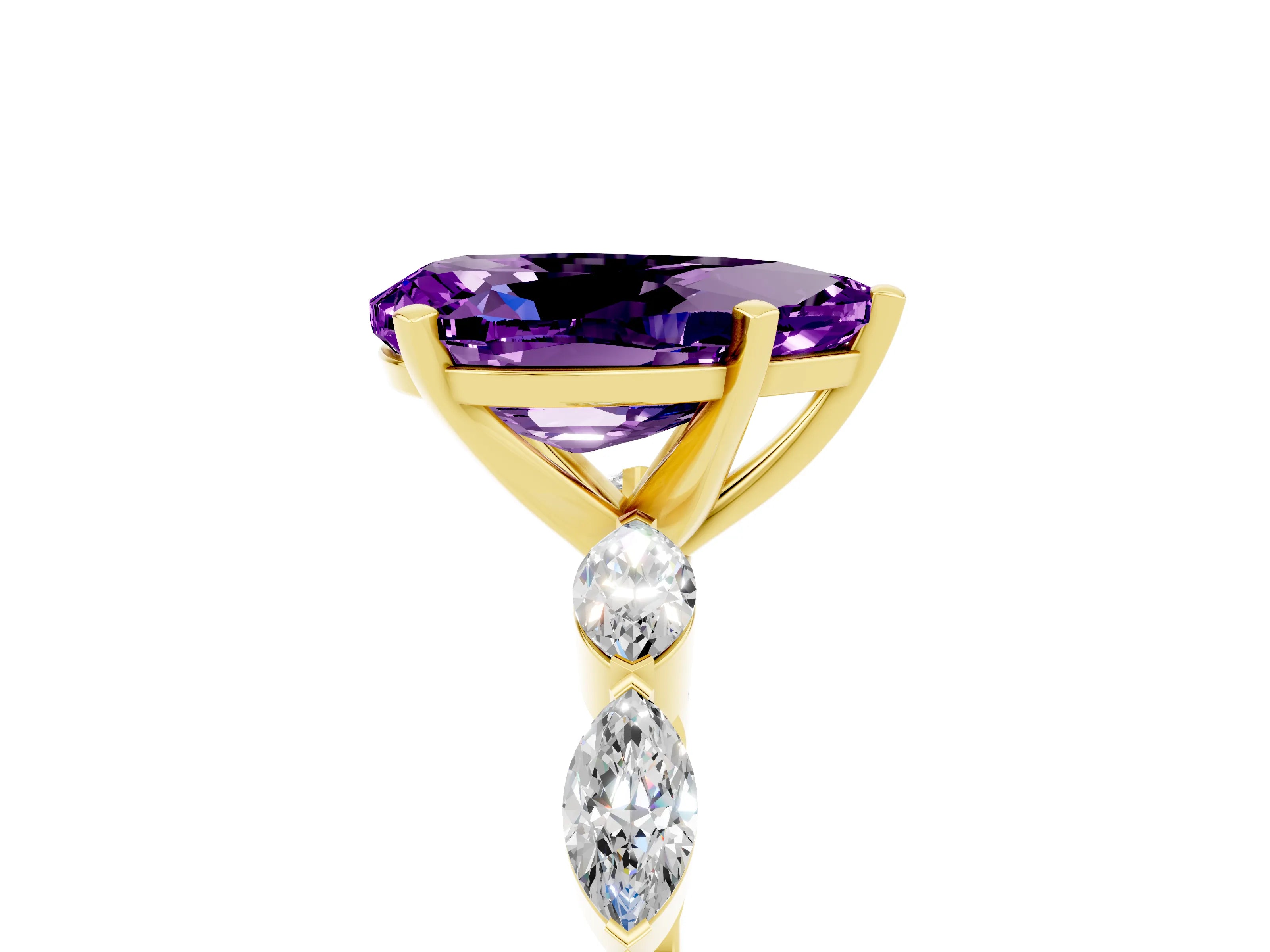 Yellow gold Pear Cut Amethyst Ring with Marquise Side Stones and Prong Setting_5