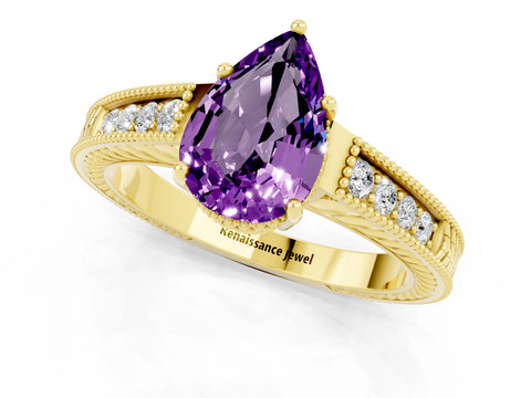 Yellow gold Pear Cut Amethyst Ring with Milgrain Pavé Band and Four-Prong Setting_13