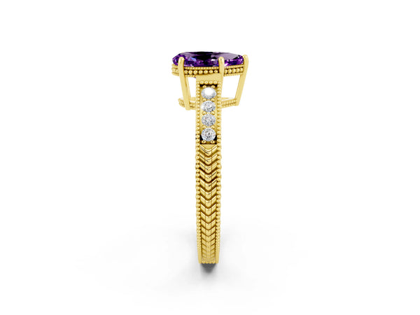 Yellow gold Pear Cut Amethyst Ring with Milgrain Pavé Band and Four-Prong Setting