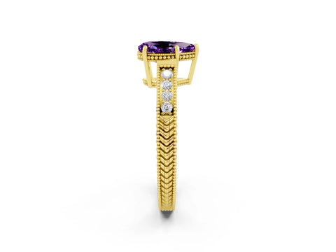 Yellow gold Pear Cut Amethyst Ring with Milgrain Pavé Band and Four-Prong Setting_14